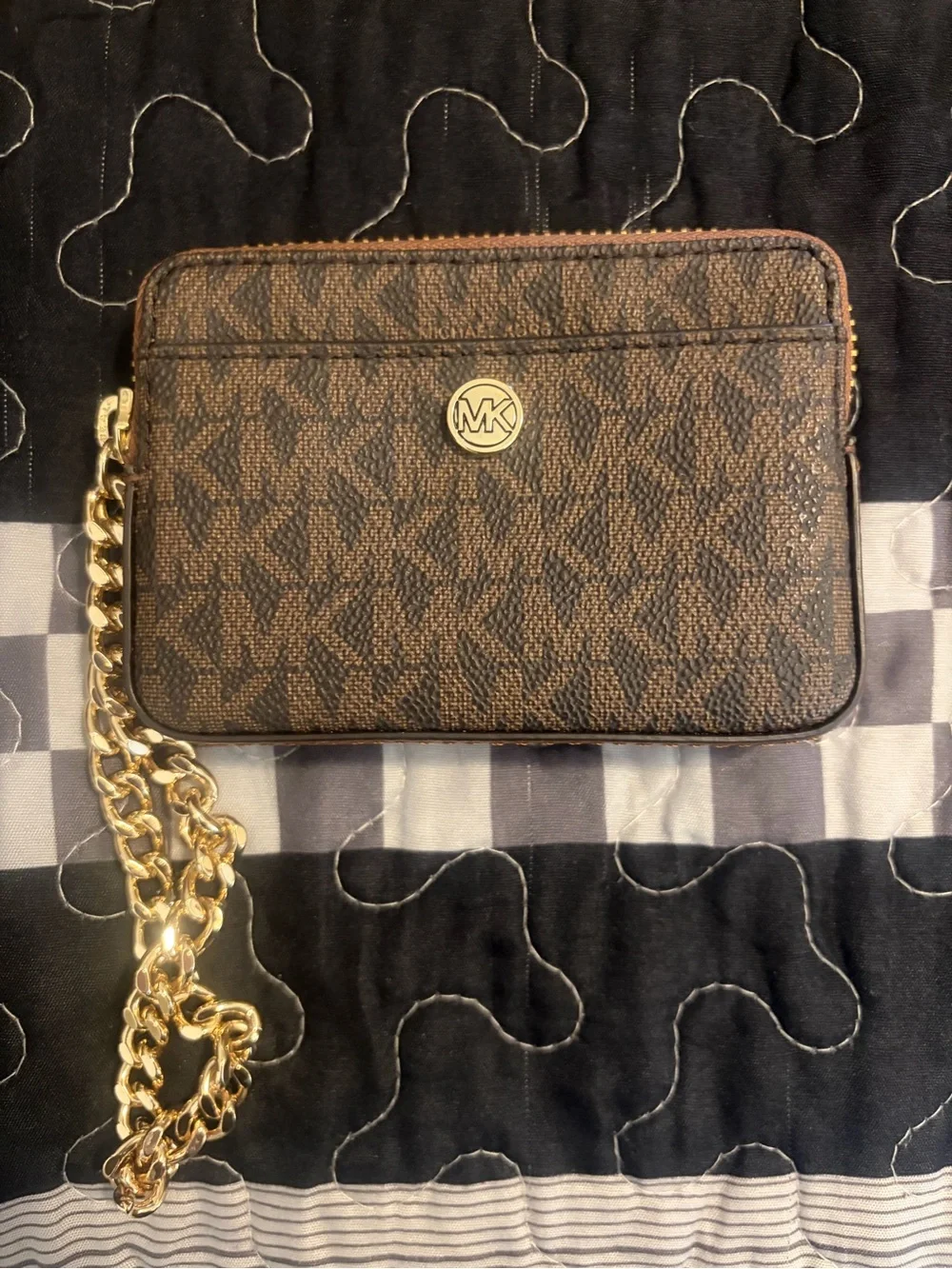 Michael Kors Dark Brown MK Monogram Card Wallet with Gold Chain